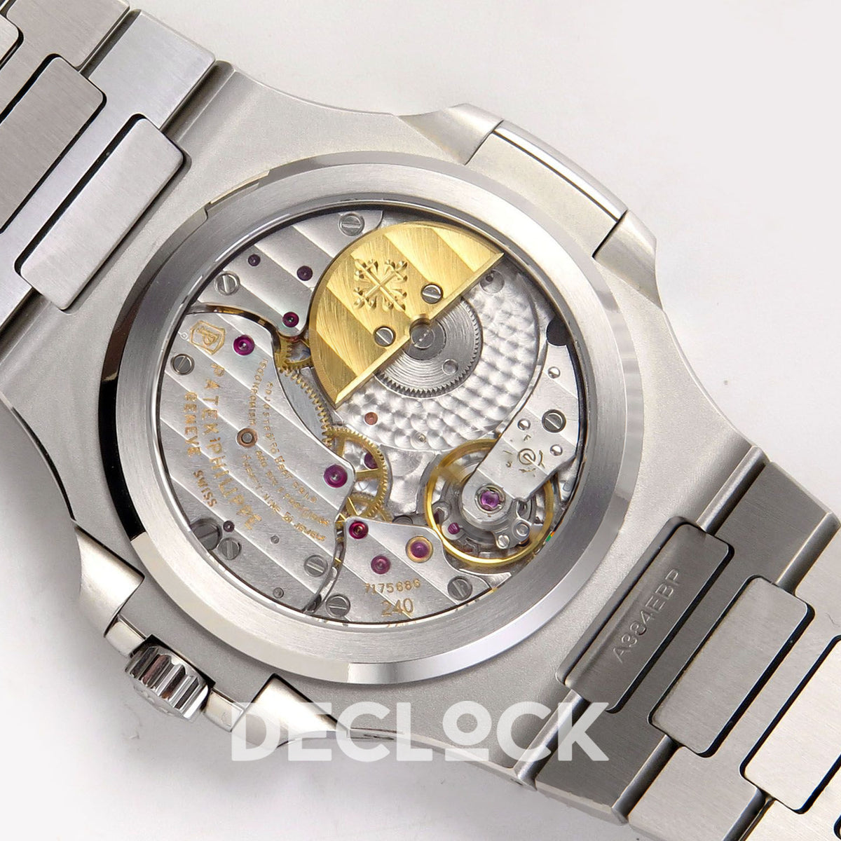 Patek Philippe Nautilus 5712 WSF JH240 — alternate micro rotor position, photographed gold bridge engraving and open caseback movement
