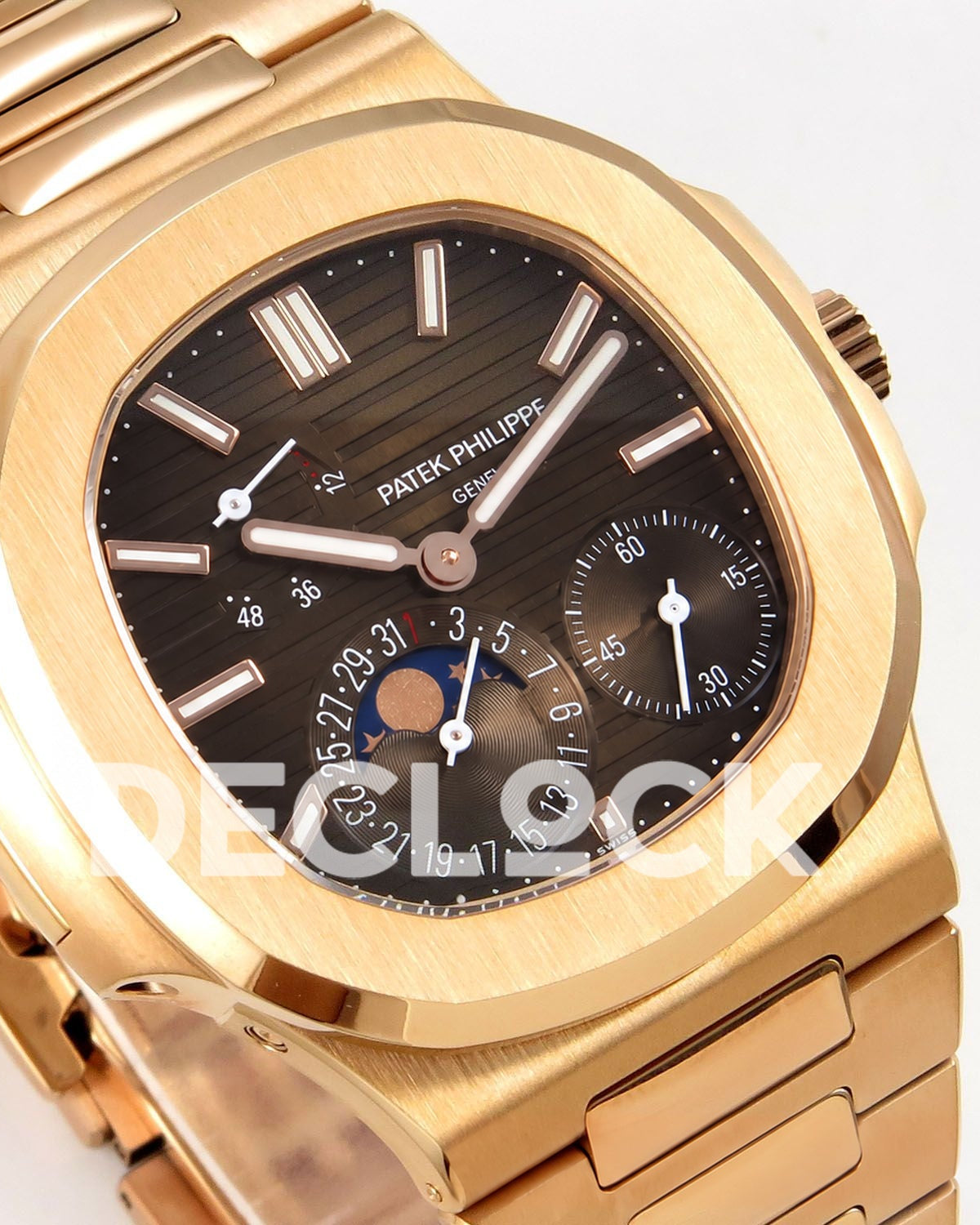 Patek Philippe Nautilus 5712 WSF brown dial and rose gold plated bracelet, angled front close-up