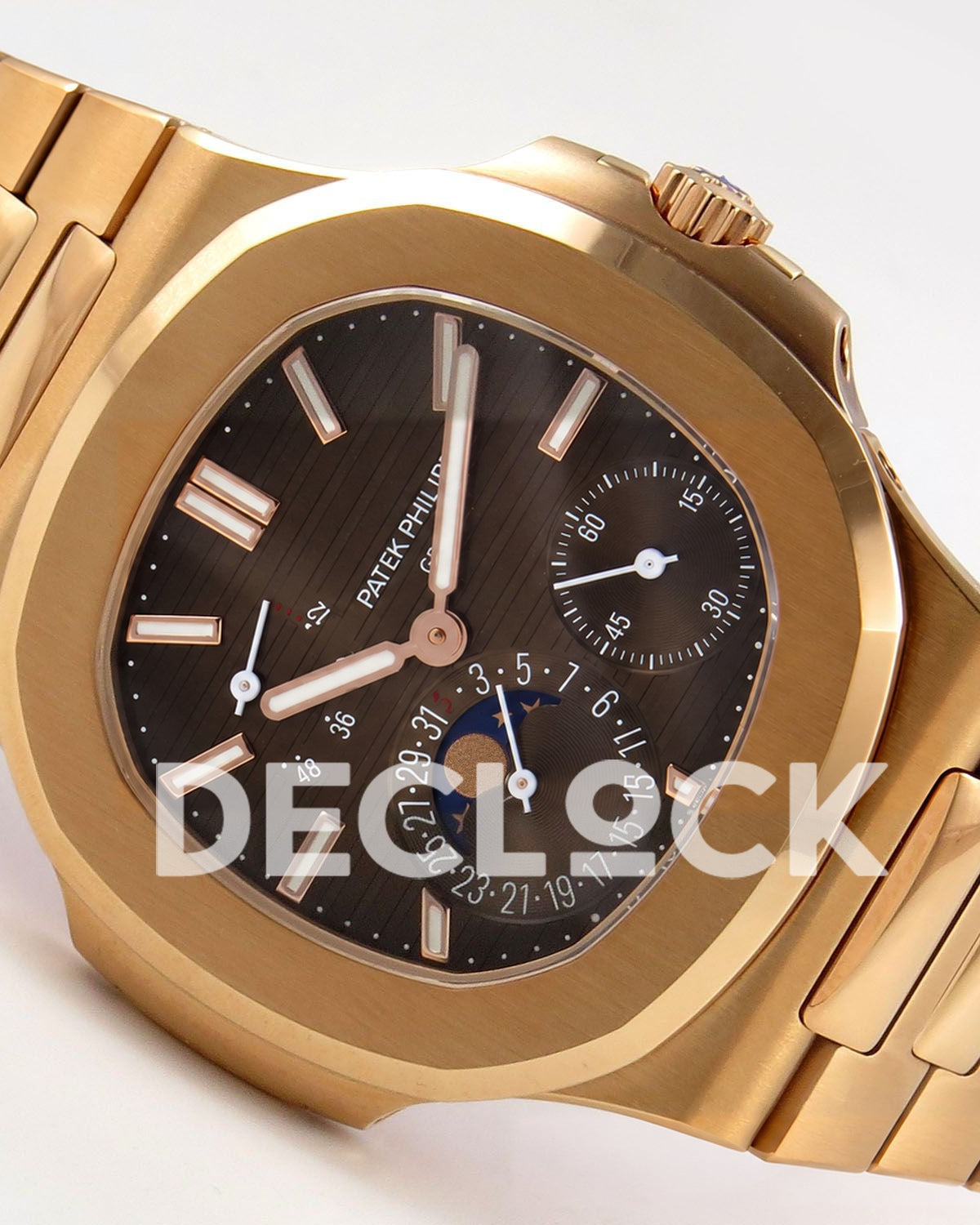 Patek Philippe Nautilus 5712 WSF brown dial with moonphase and power reserve, right angled view