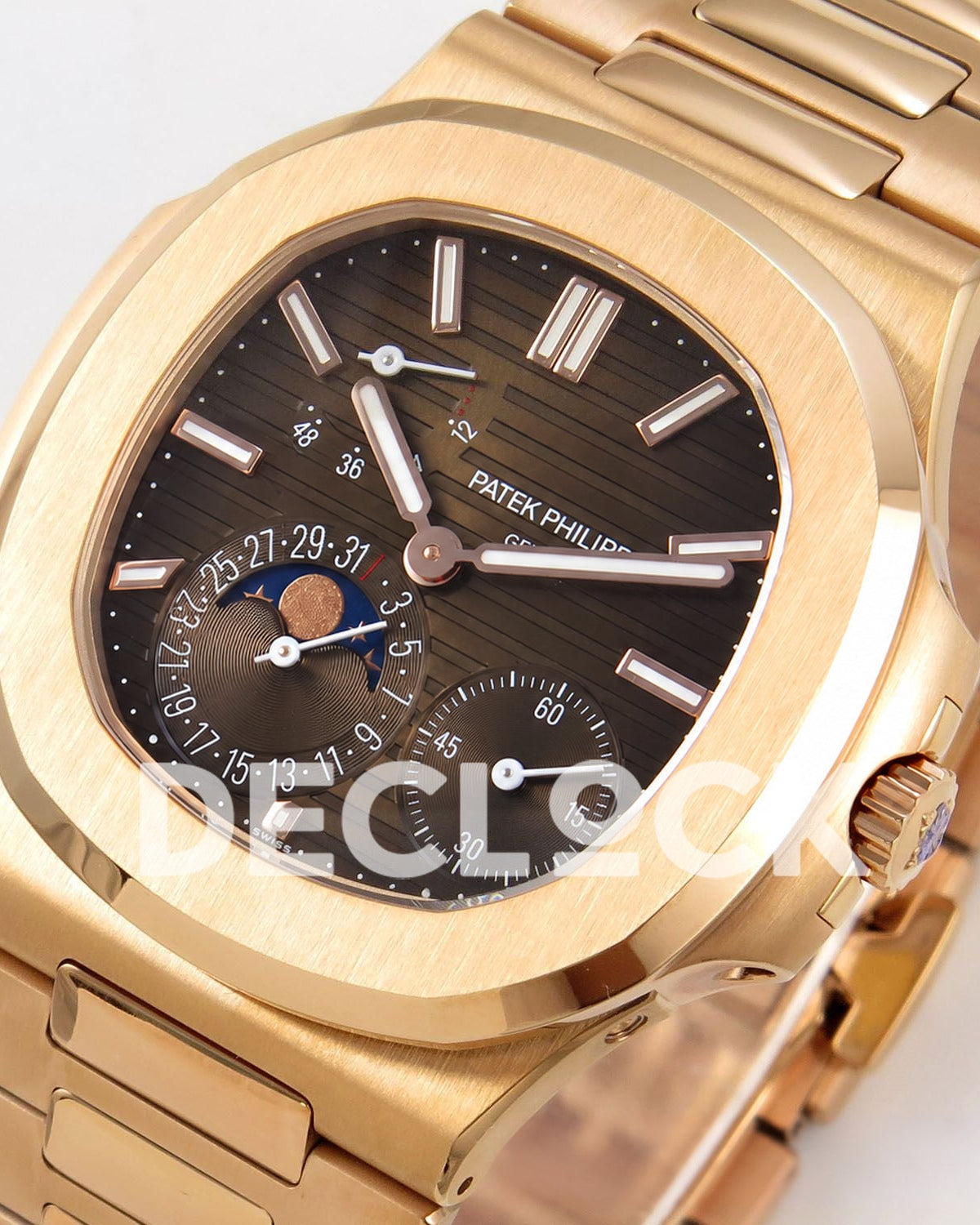 Patek Philippe Nautilus 5712 WSF rose gold plated watch, crown side angled dial view
