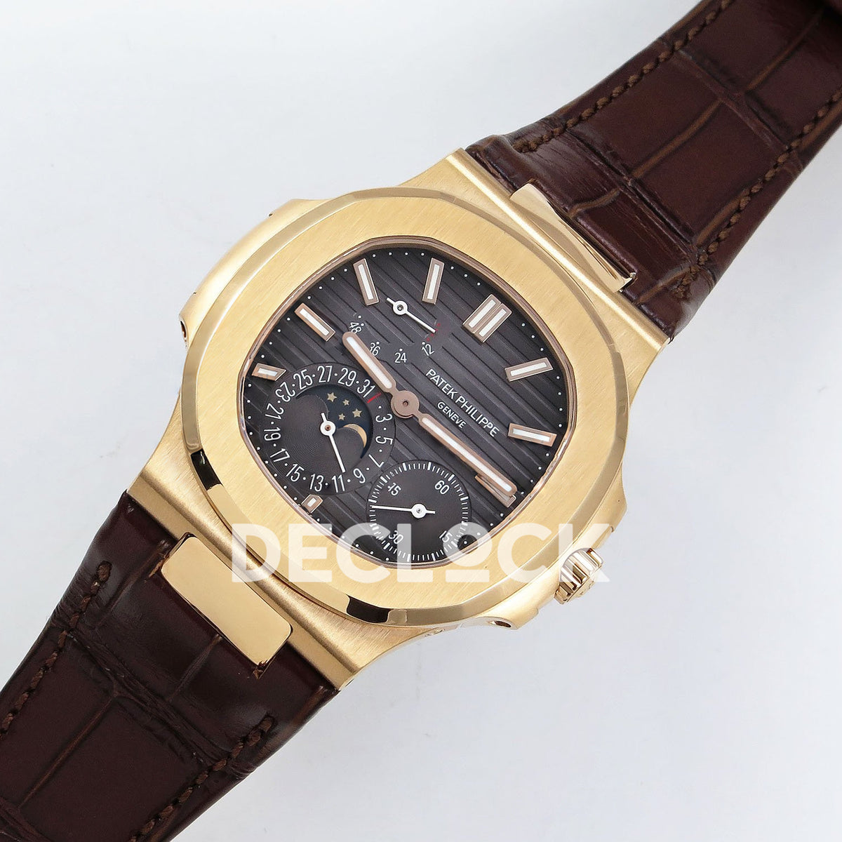 Angled front view of Nautilus 5712R PPF V2 gray dial, warm rose-gold-tone case and brown leather strap