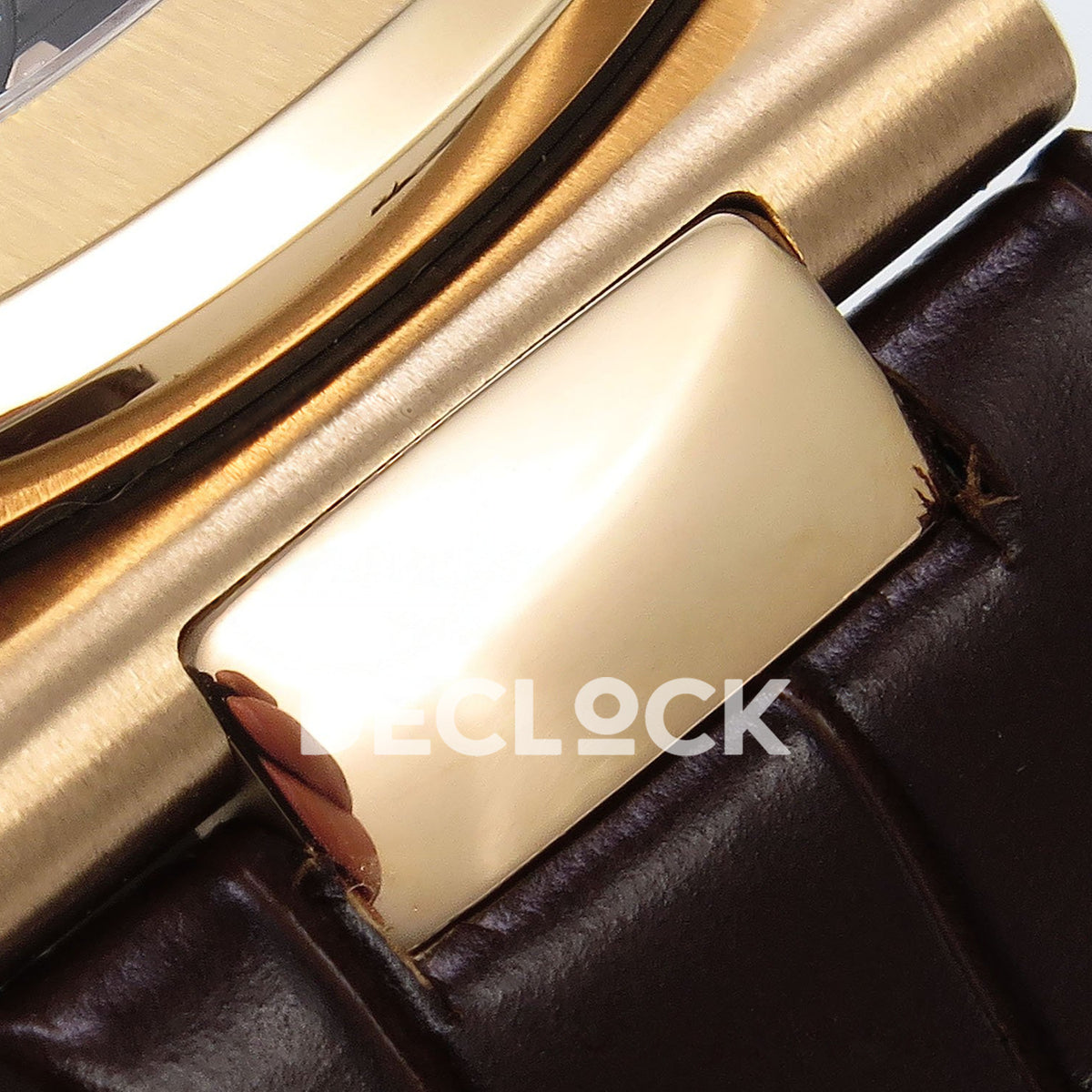 Nautilus 5712R PPF V2 polished lug and brown leather strap junction close-up