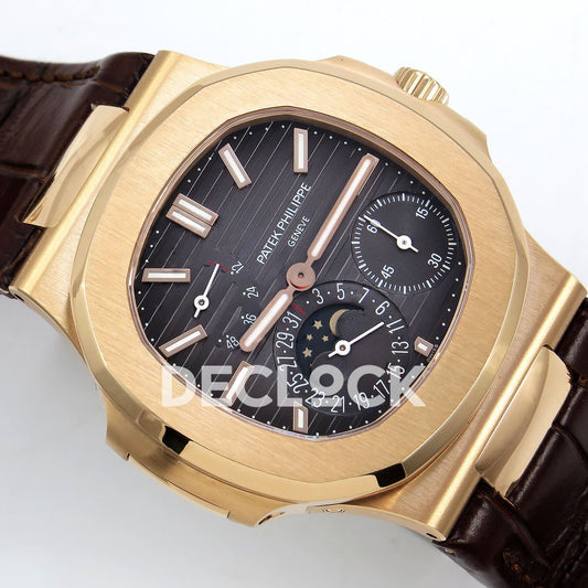 Nautilus 5712R PPF V2 gray dial and brown leather strap opposite angled case detail