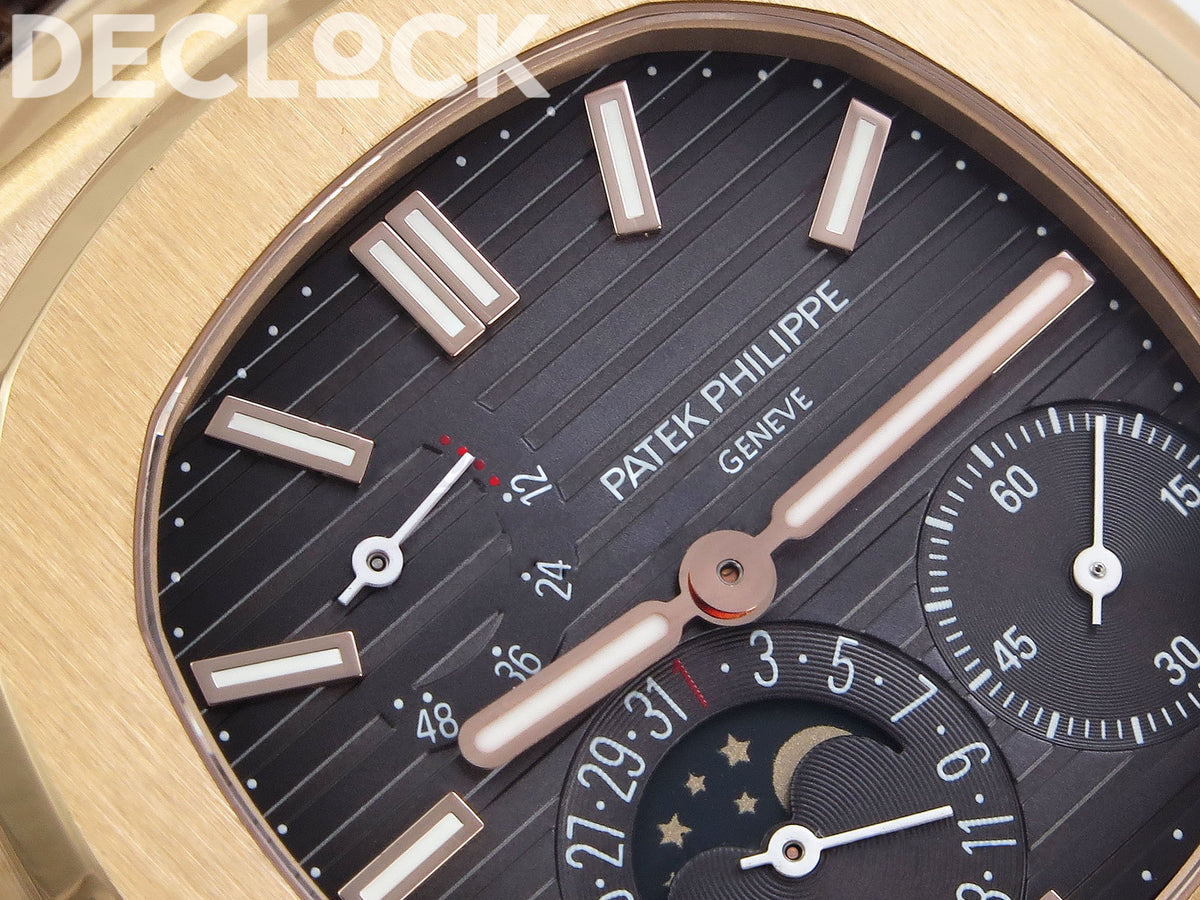 Nautilus 5712R PPF V2 gray dial power-reserve scale, hands and applied markers close-up
