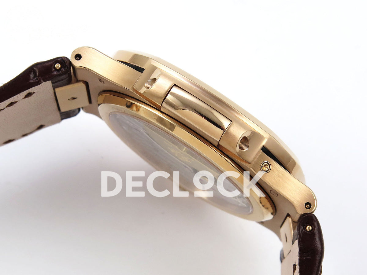 Patek Philippe Nautilus 5712R-001 PPF V2 — rose-gold-plated case side profile and brown leather strap hinges