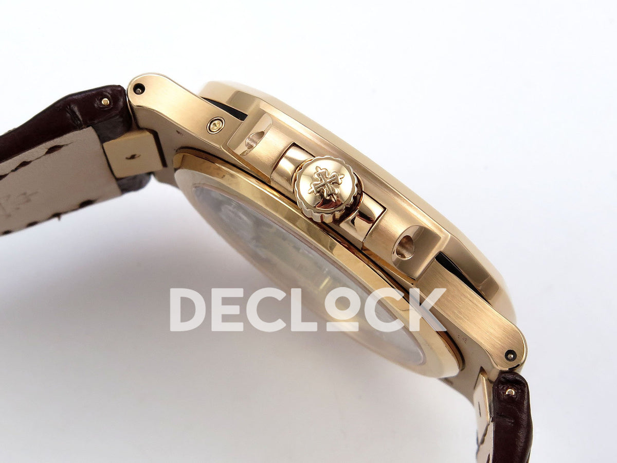 Patek Philippe Nautilus 5712R-001 PPF V2 — crown emblem and rose-gold-plated case side profile