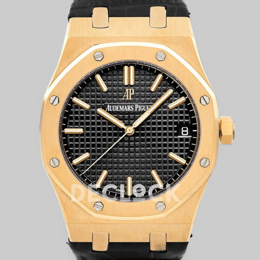 Replica Audemars Pigeut Royal Oak 15202 Gold Black Dial on Black Leather Strap |  Declock.