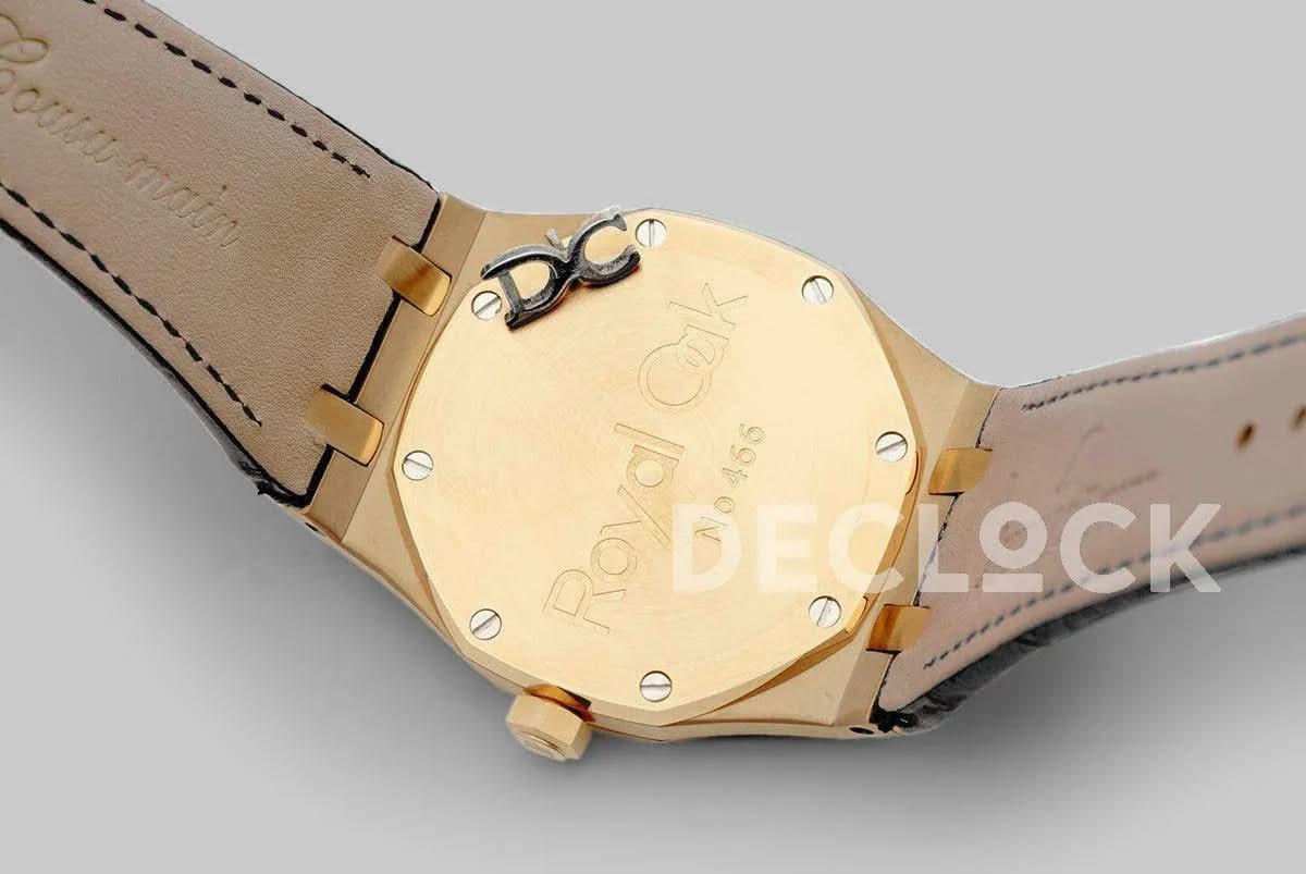 Replica Audemars Pigeut Royal Oak 15202 Gold Black Dial on Black Leather Strap |  Declock.