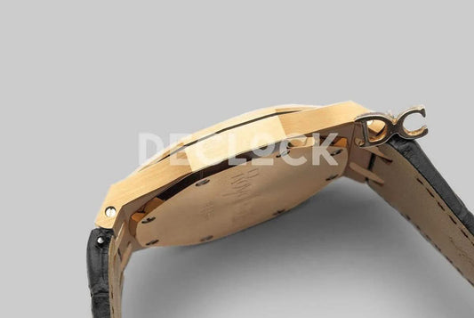 Replica Audemars Pigeut Royal Oak 15202 Gold Black Dial on Black Leather Strap |  Declock.