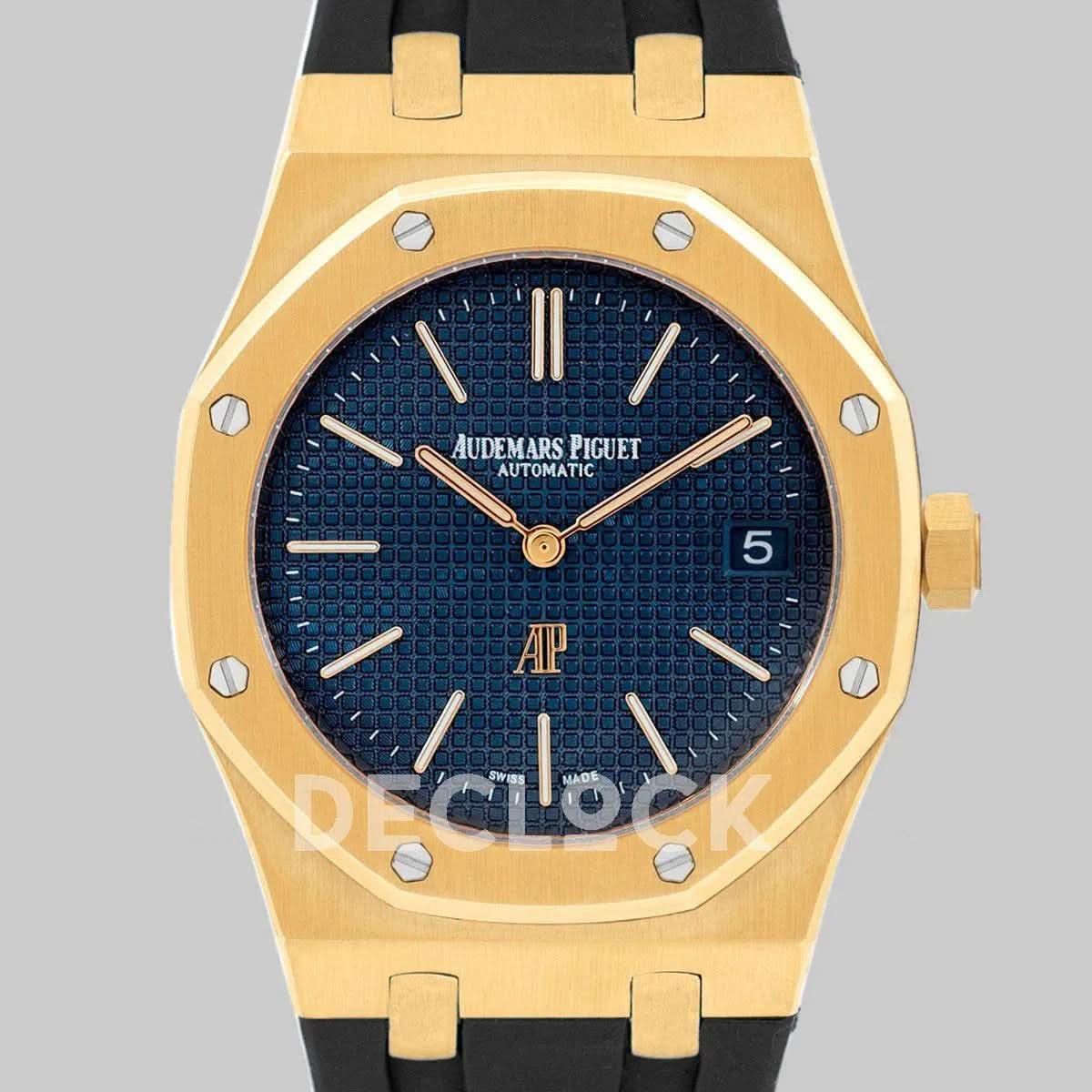 Replica Audemars Pigeut Royal Oak 15202 Gold Blue Dial on Black Rubber Strap |  Declock.