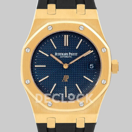 Replica Audemars Pigeut Royal Oak 15202 Gold Blue Dial on Black Rubber Strap |  Declock.