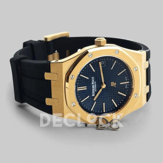 Replica Audemars Pigeut Royal Oak 15202 Gold Blue Dial on Black Rubber Strap |  Declock.