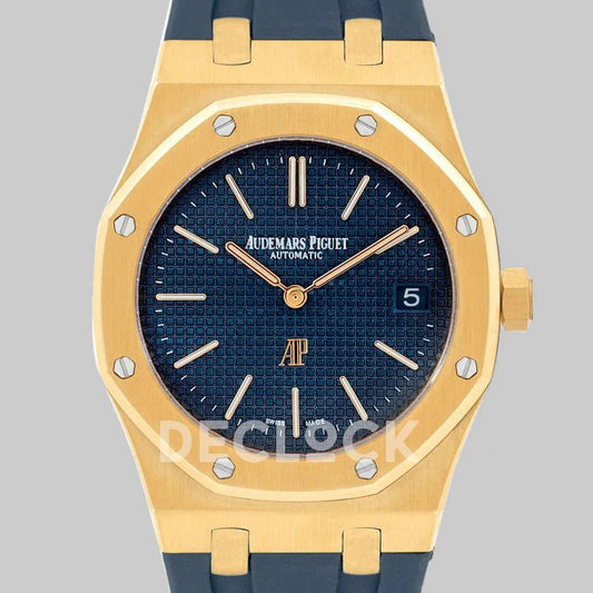 Replica Audemars Pigeut Royal Oak 15202 Gold Blue Dial on Blue Rubber Strap |  Declock.