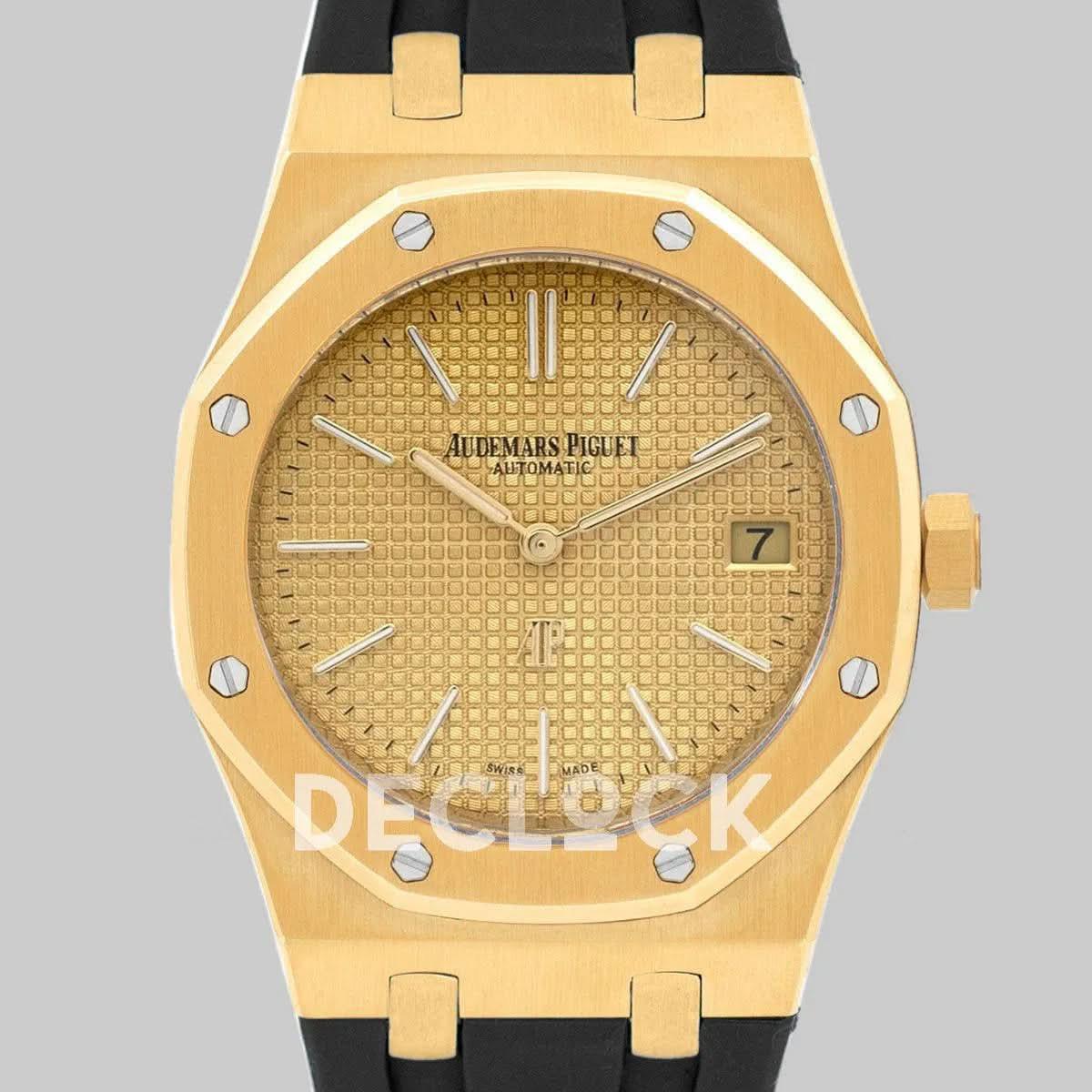 Replica Audemars Pigeut Royal Oak 15202 Gold  Gold Dial on Black Rubber Strap |  Declock.
