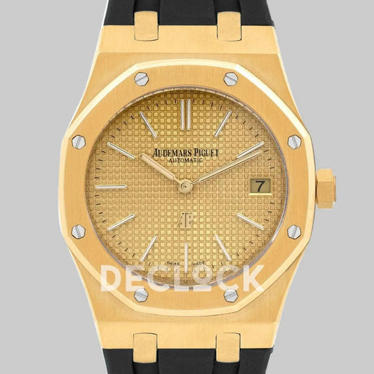 Replica Audemars Pigeut Royal Oak 15202 Gold  Gold Dial on Black Rubber Strap |  Declock.