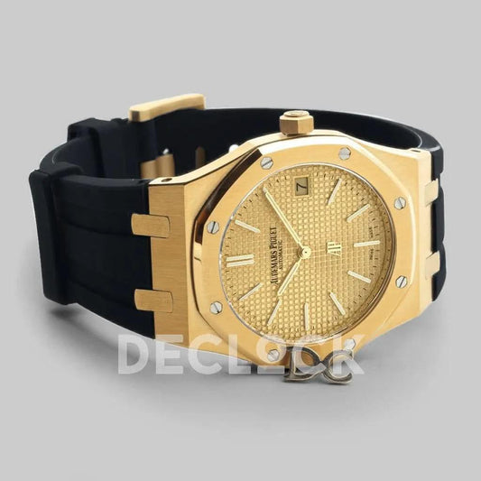 Replica Audemars Pigeut Royal Oak 15202 Gold Gold Dial on Black Rubber Strap | Declock.