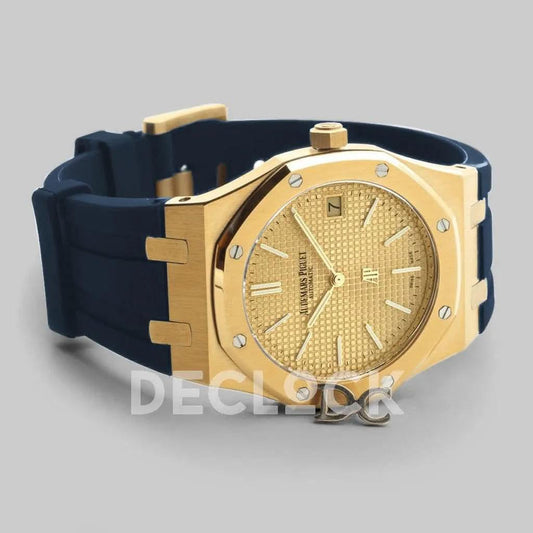 Replica Audemars Pigeut Royal Oak 15202 Gold  Gold Dial on Blue Rubber Strap |  Declock.