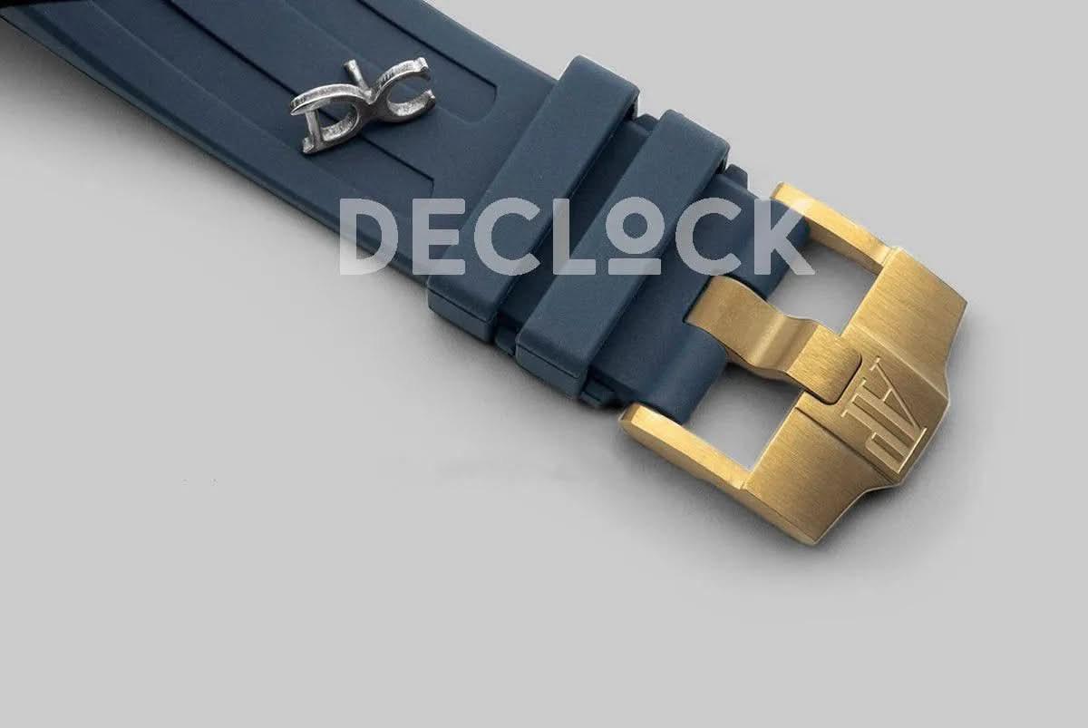 Replica Audemars Pigeut Royal Oak 15202 Gold  Gold Dial on Blue Rubber Strap |  Declock.