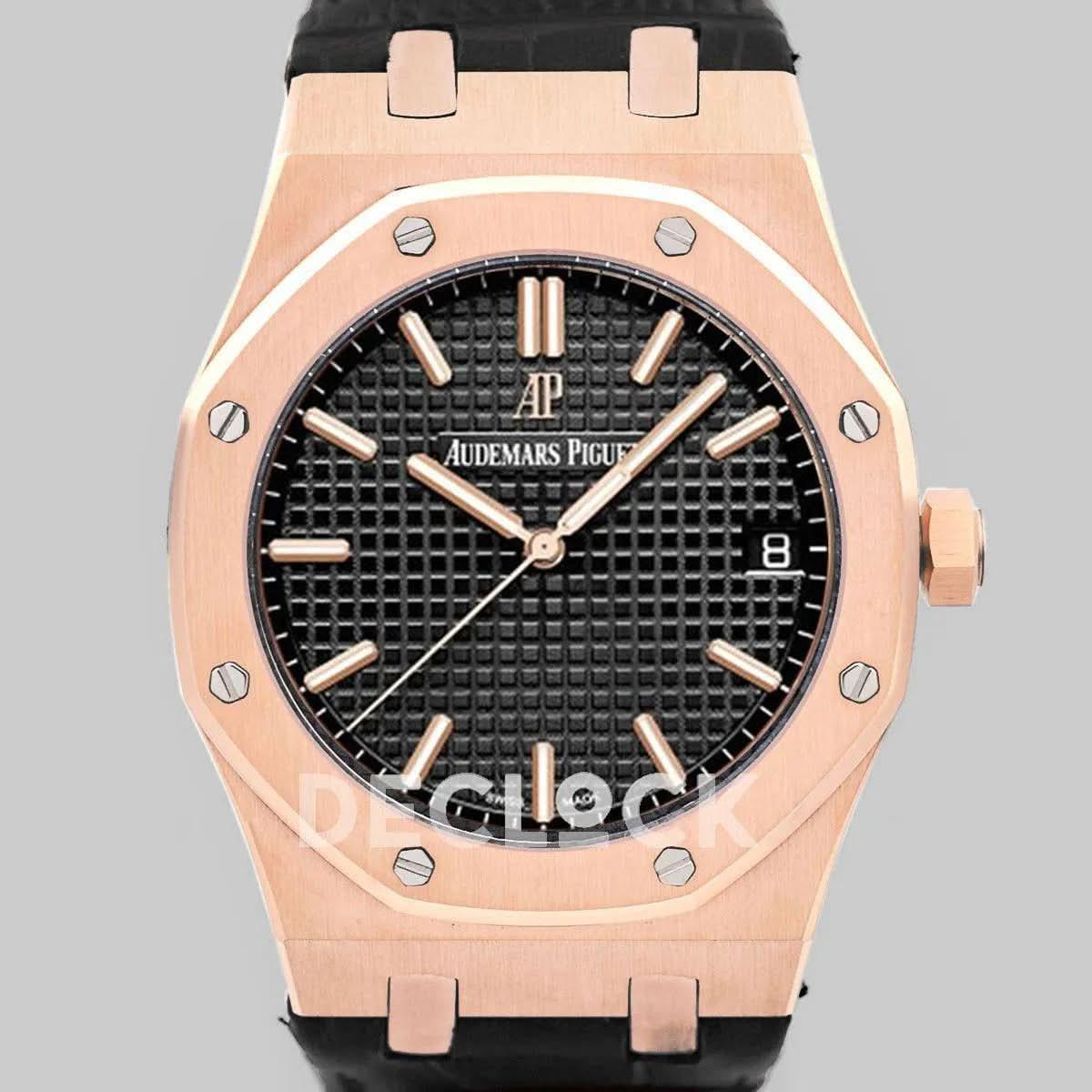 Replica Audemars Pigeut Royal Oak 15202 Rose Gold Black Dial on Black Leather Strap |  Declock.