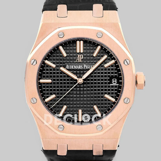Replica Audemars Pigeut Royal Oak 15202 Rose Gold Black Dial on Black Leather Strap |  Declock.