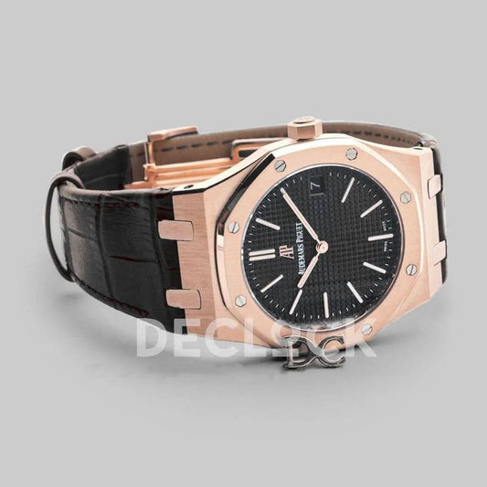 Replica Audemars Pigeut Royal Oak 15202 Rose Gold Black Dial on Black Leather Strap | Declock.