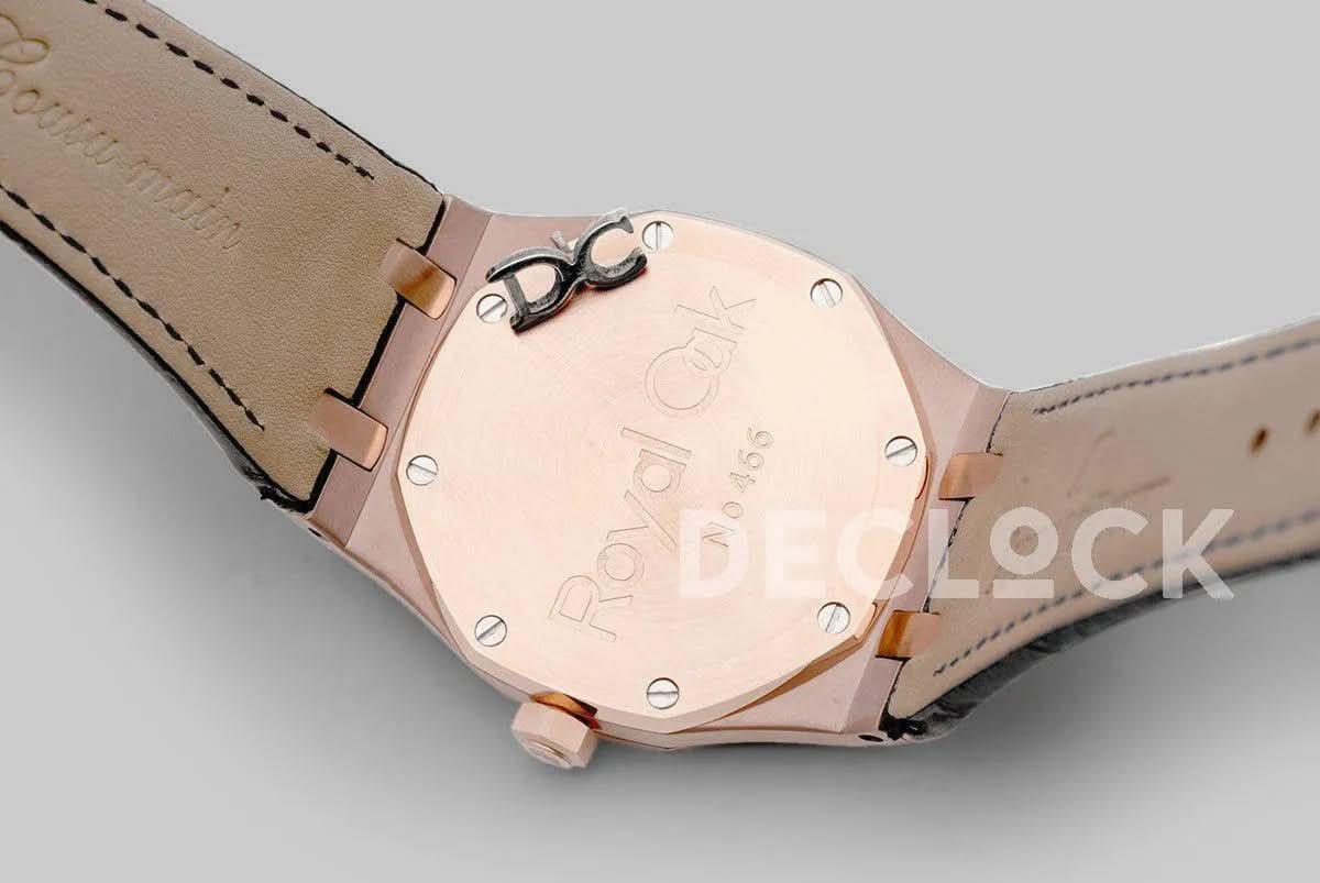 Replica Audemars Pigeut Royal Oak 15202 Rose Gold Black Dial on Black Leather Strap |  Declock.