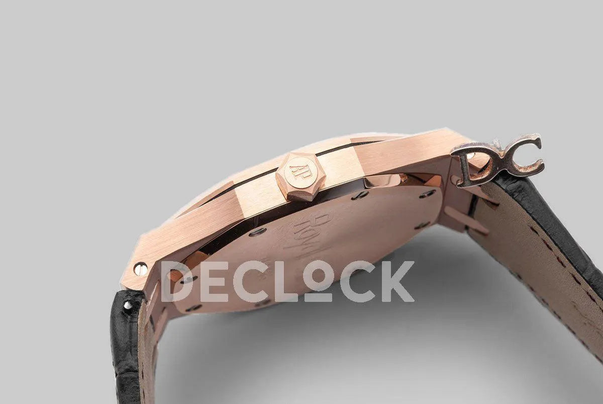 Replica Audemars Pigeut Royal Oak 15202 Rose Gold Black Dial on Black Leather Strap