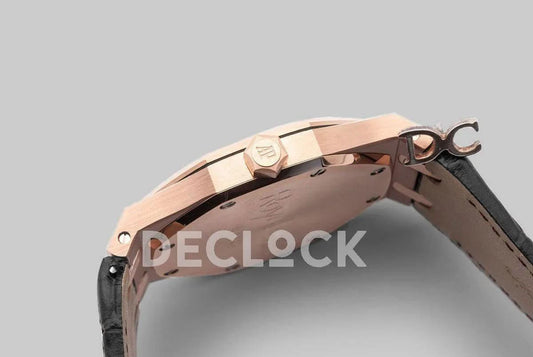 Replica Audemars Pigeut Royal Oak 15202 Rose Gold Black Dial on Black Leather Strap |  Declock.