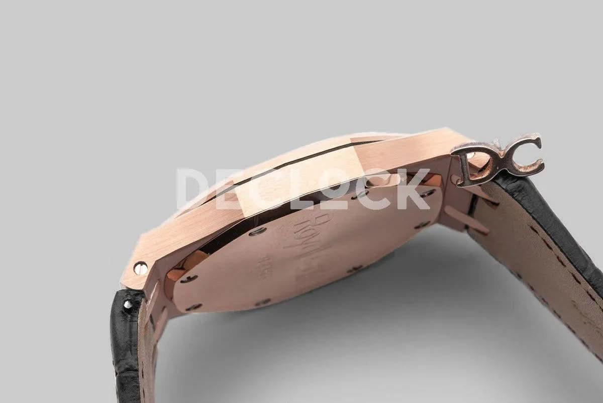 Replica Audemars Pigeut Royal Oak 15202 Rose Gold Black Dial on Black Leather Strap |  Declock.