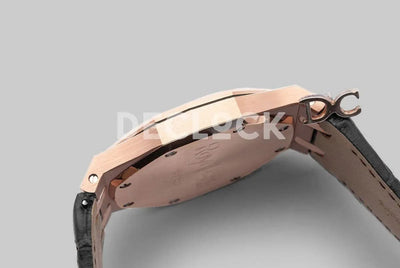 Replica Audemars Pigeut Royal Oak 15202 Rose Gold Black Dial on Black Leather Strap