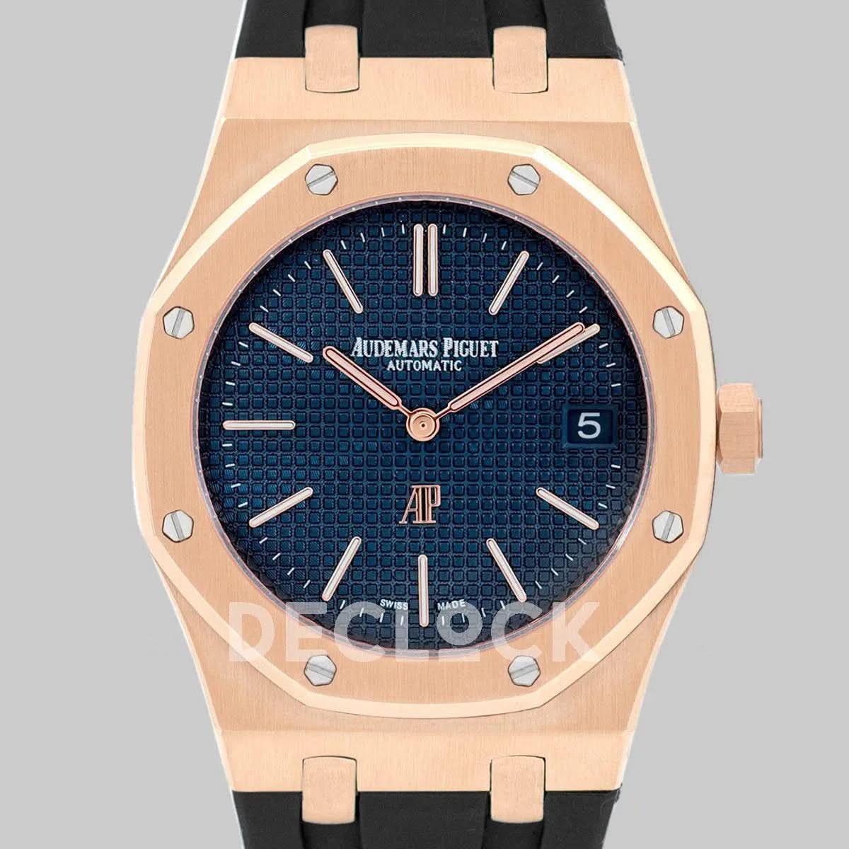 Replica Audemars Pigeut Royal Oak 15202 Rose Gold Blue Dial on Black Rubber Strap |  Declock.