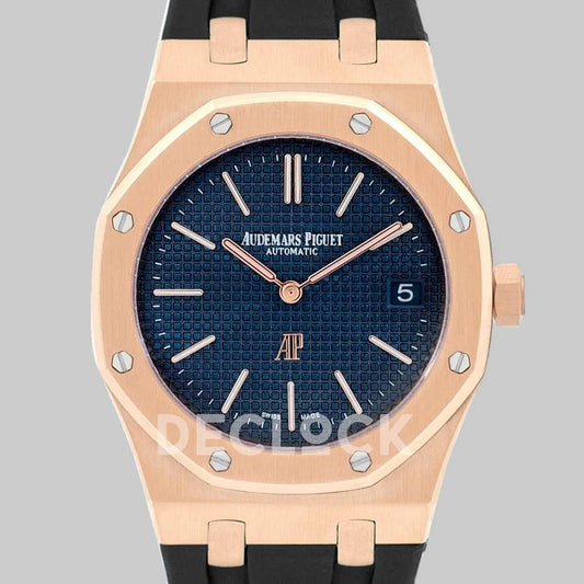 Replica Audemars Pigeut Royal Oak 15202 Rose Gold Blue Dial on Black Rubber Strap |  Declock.