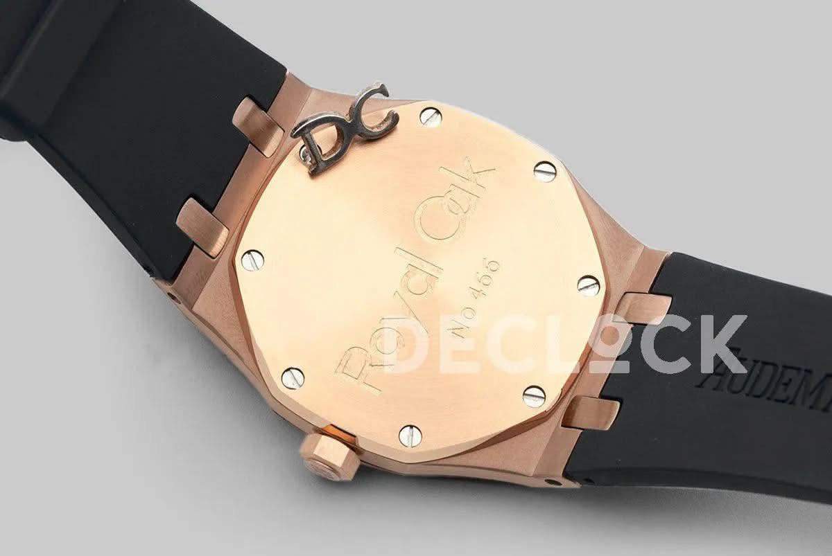 Replica Audemars Pigeut Royal Oak 15202 Rose Gold Blue Dial on Black Rubber Strap |  Declock.