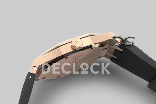 Replica Audemars Pigeut Royal Oak 15202 Rose Gold Blue Dial on Black Rubber Strap | Declock.