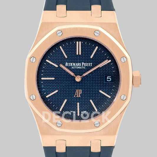 Replica Audemars Pigeut Royal Oak 15202 Rose Gold Blue Dial on Blue Rubber Strap |  Declock.