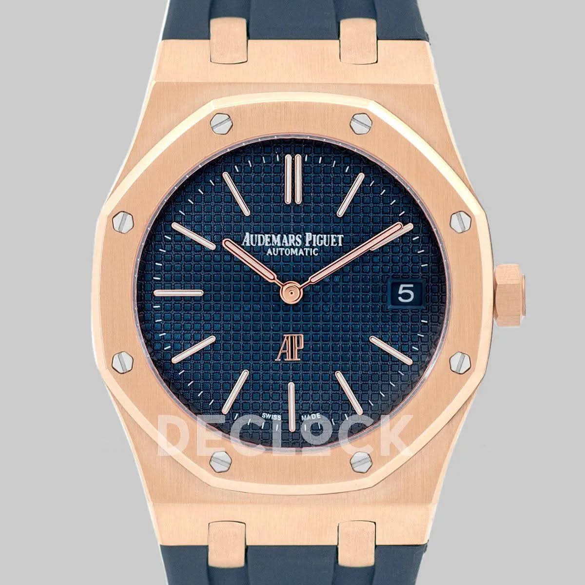 Replica Audemars Pigeut Royal Oak 15202 Rose Gold Blue Dial on Blue Rubber Strap