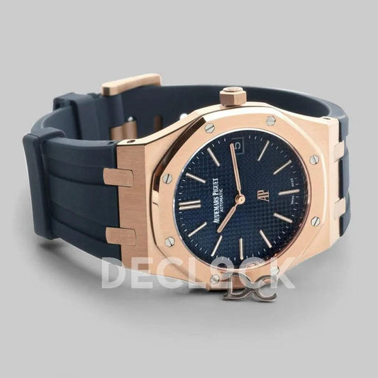 Replica Audemars Pigeut Royal Oak 15202 Rose Gold Blue Dial on Blue Rubber Strap |  Declock.
