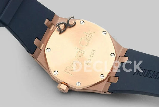 Replica Audemars Pigeut Royal Oak 15202 Rose Gold Blue Dial on Blue Rubber Strap |  Declock.