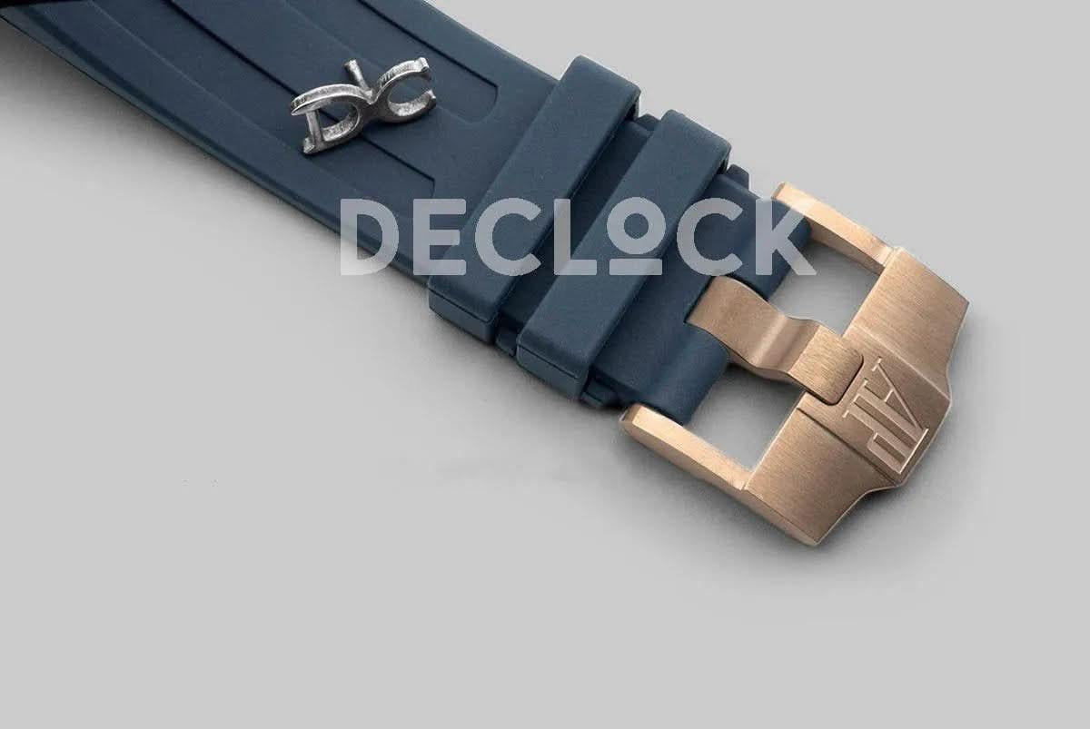 Replica Audemars Pigeut Royal Oak 15202 Rose Gold Blue Dial on Blue Rubber Strap |  Declock.
