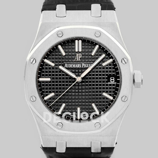 Replica Audemars Pigeut Royal Oak 15202 Steel Black Dial on Black Leather Strap