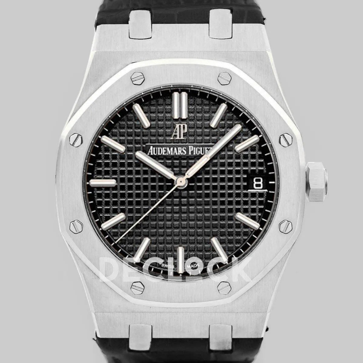 Replica Audemars Pigeut Royal Oak 15202 Steel Black Dial on Black Leather Strap