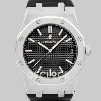 Replica Audemars Pigeut Royal Oak 15202 Steel Black Dial on Black Leather Strap