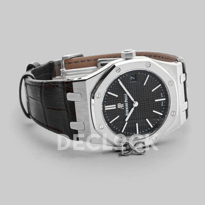 Replica Audemars Pigeut Royal Oak 15202 Steel Black Dial on Black Leather Strap