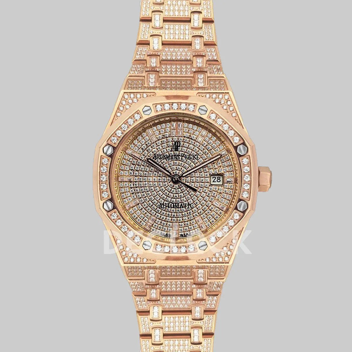 Replica Audemars Pigeut Royal Oak 41mm 15402OR Full Diamond Paved In Pink Gold on Bracelet - Replica Watches