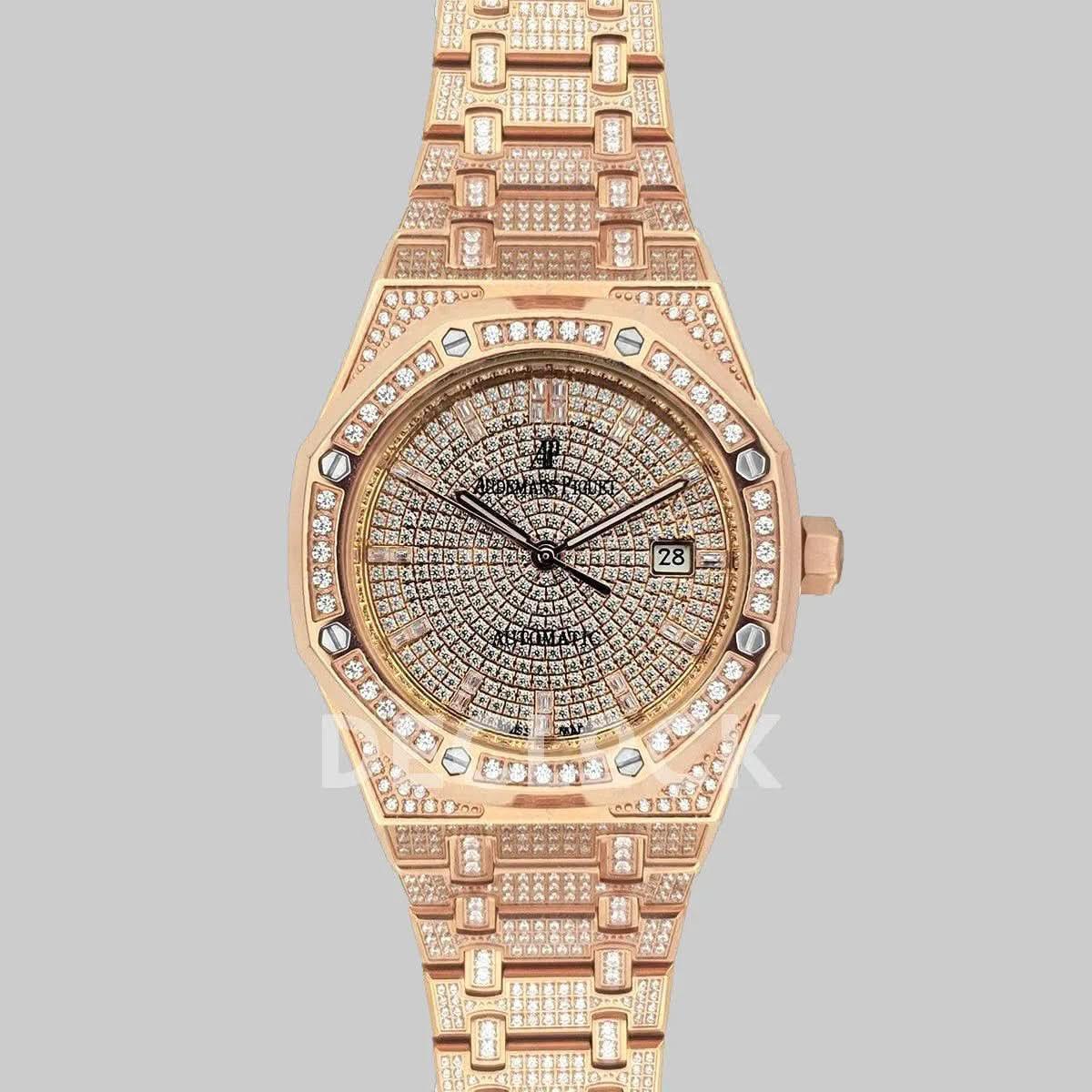 Replica Audemars Pigeut Royal Oak 41mm 15402OR Full Diamond Paved In Pink Gold on Bracelet |  Declock.