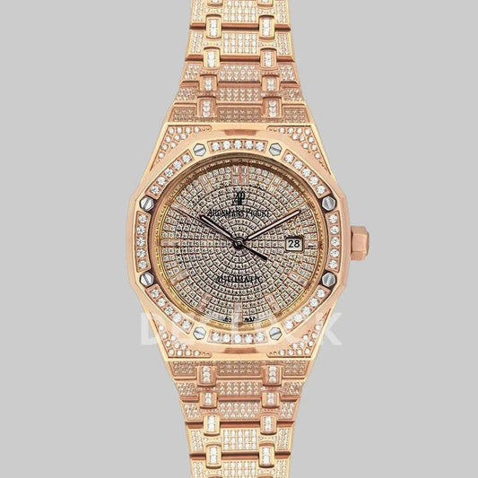 Replica Audemars Pigeut Royal Oak 41mm 15402OR Full Diamond Paved In Pink Gold on Bracelet | Declock.