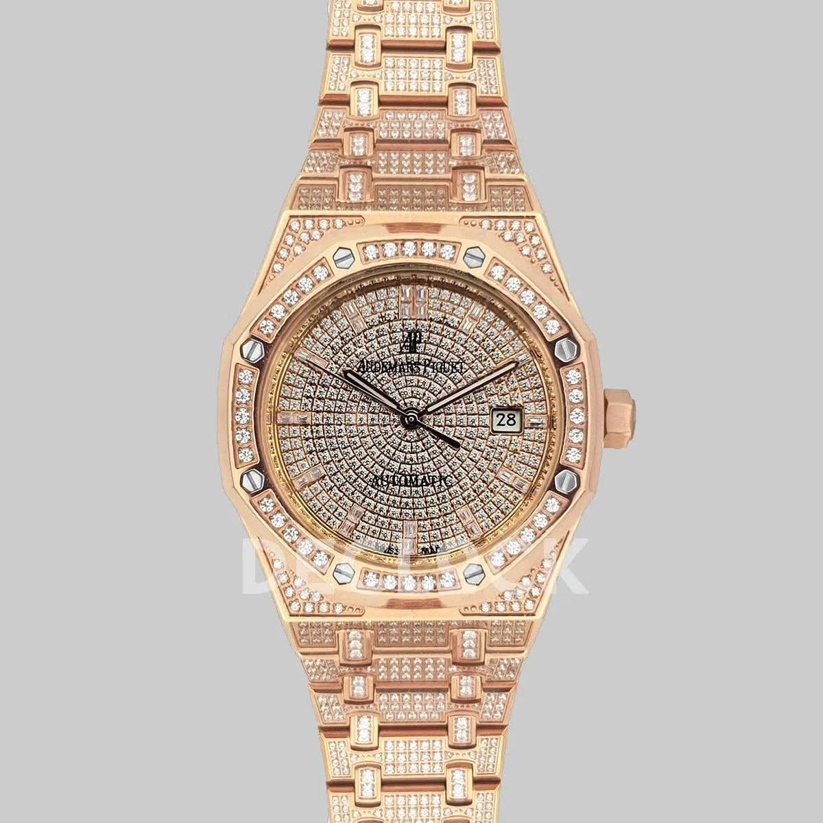 Replica Audemars Pigeut Royal Oak 41mm 15402OR Full Diamond Paved In Pink Gold on Bracelet