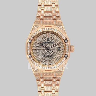 Replica Audemars Pigeut Royal Oak 41mm 15402OR Full Diamond Paved In Pink Gold on Bracelet