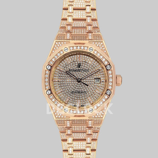 Replica Audemars Pigeut Royal Oak 41mm 15402OR Full Diamond Paved In Pink Gold on Bracelet - Replica Watches