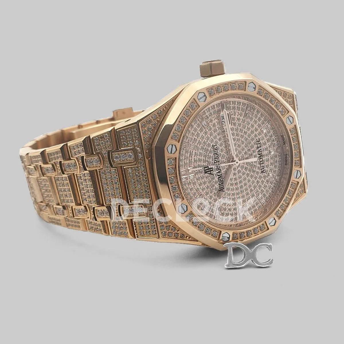 Replica Audemars Pigeut Royal Oak 41mm 15402OR Full Diamond Paved In Pink Gold on Bracelet |  Declock.